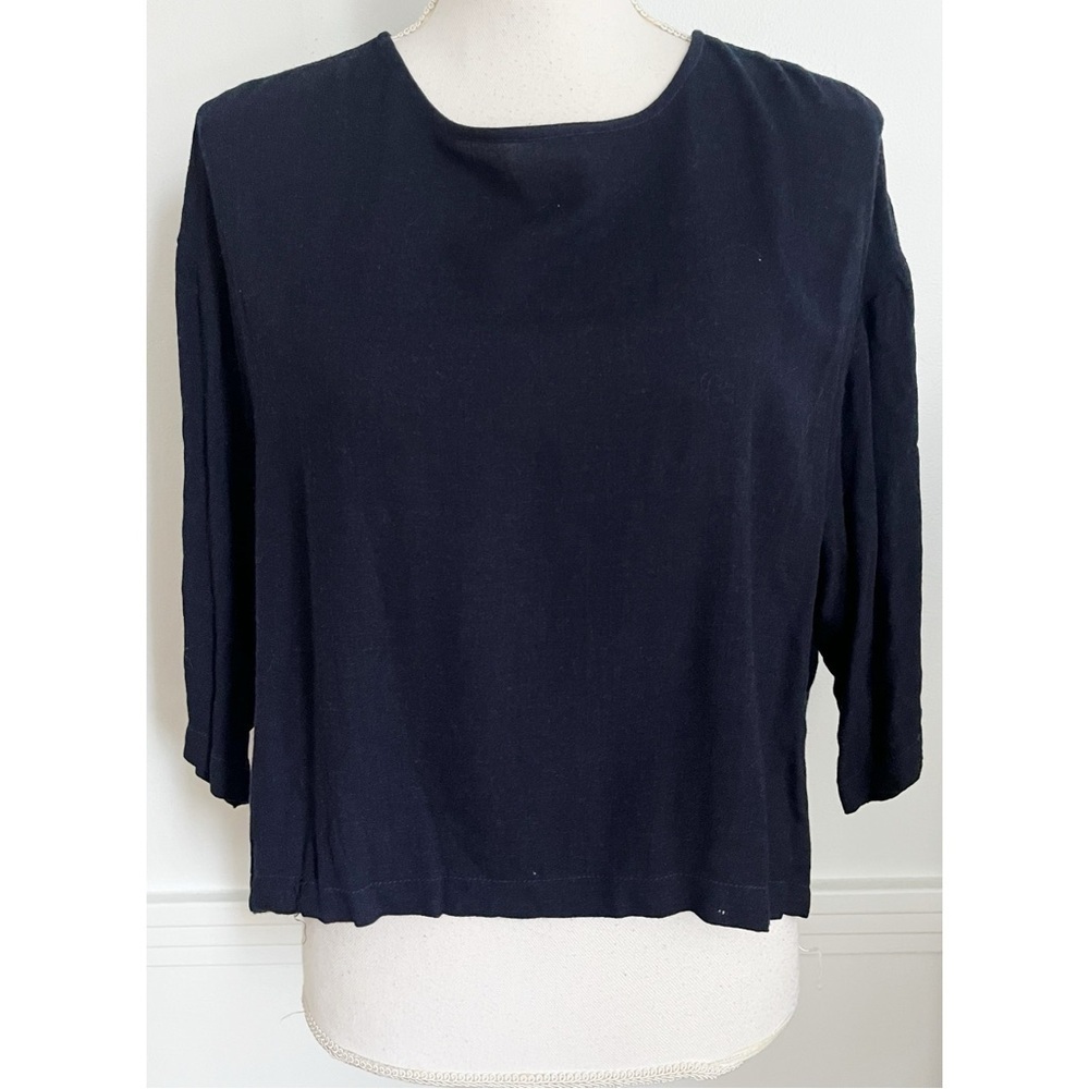 Black Crane • Navy Wool Rayon 3/4 Sleeve Blouse